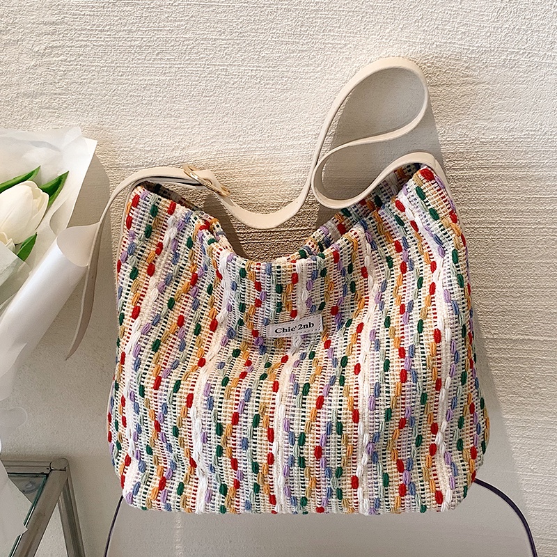 Túi Đeo Vai Vải Len Màu Cầu Vồng Cỡ Lớn Dễ Phối Đồ Cho Nữ