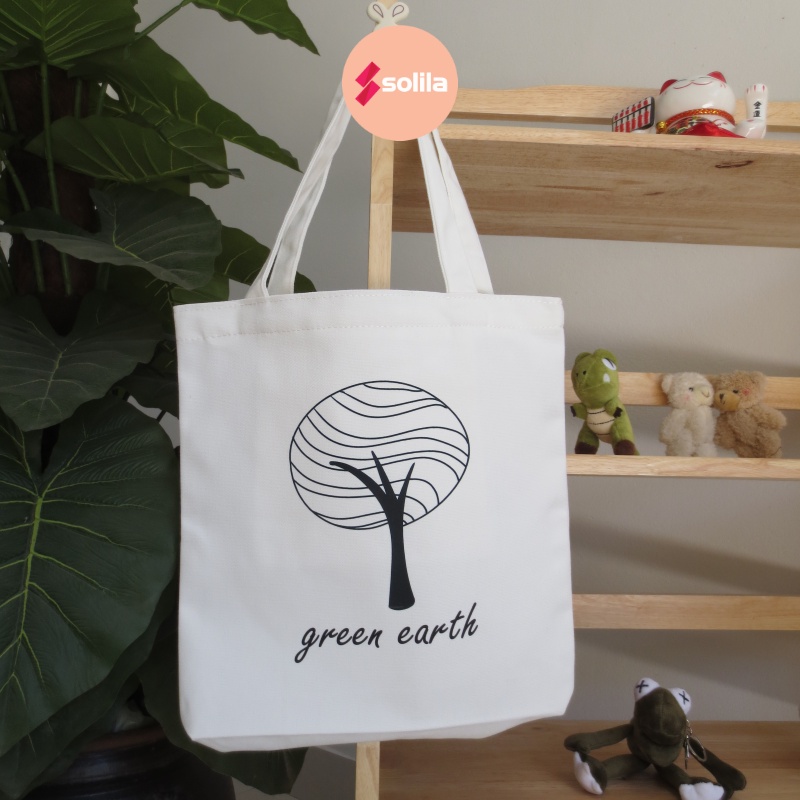 Túi tote 2 quai vải canvas in hình Greend Earth A4 có khóa miệng tiện dụng