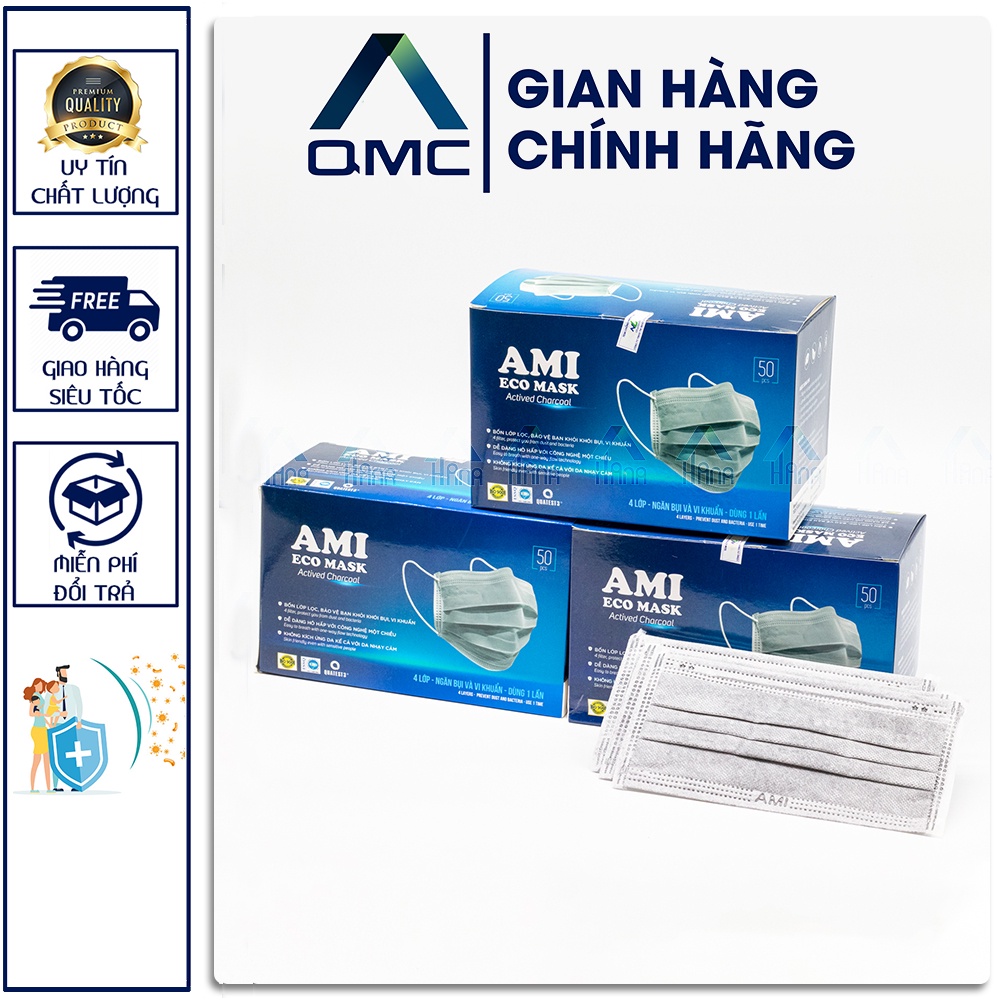 Khẩu trang y tế, Khẩu trang  Ami 4 lớp màu Xám chính hãng &lt; Giảm Giá Sốc&gt;- Hộp 50 cái #QMC