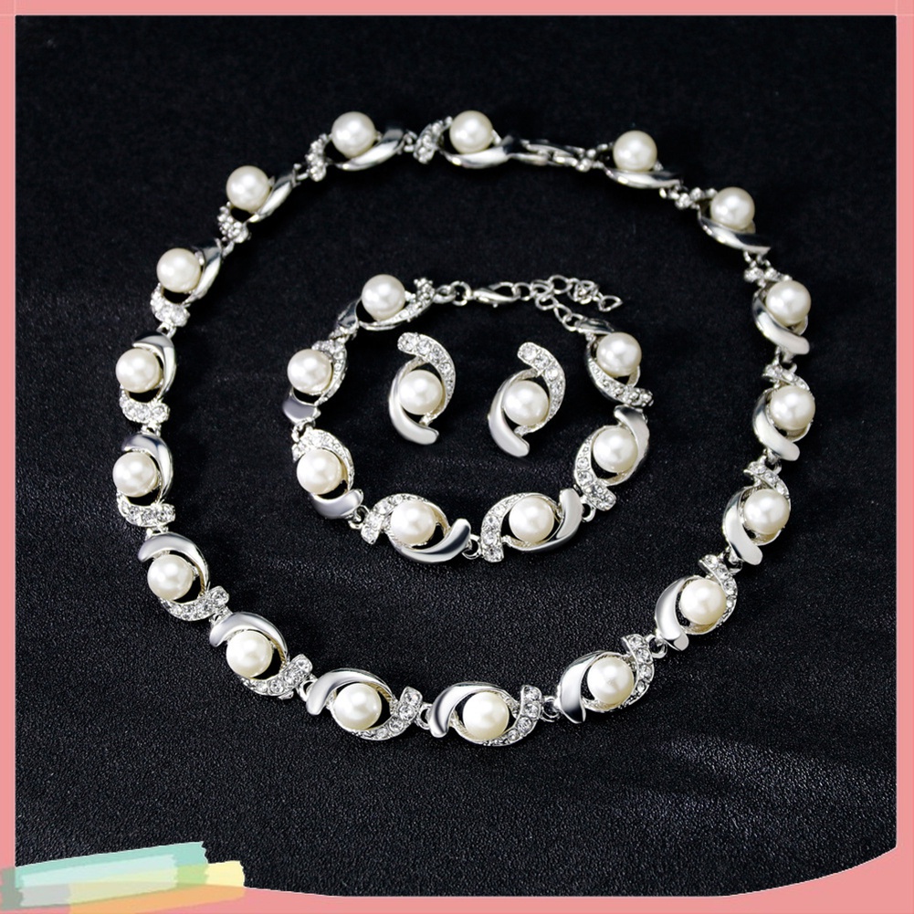 Bộ Trang Sức Vòng cổ + Vòng Tay + Đôi Khuyên Tai Đính Ngọc Trai Giả Sang Trọng Cho Nữ