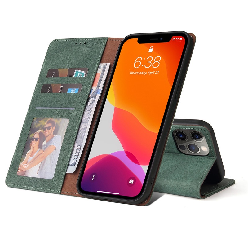 Ốp Lưng Thời Trang Cho Điện Thoại Iphone X Bao Da Điện Thoại Dạng Ví Nắp Lật Màu Xanh Lá Cho iphone 14 plus 12 11 pro max x xr xs max Ốp