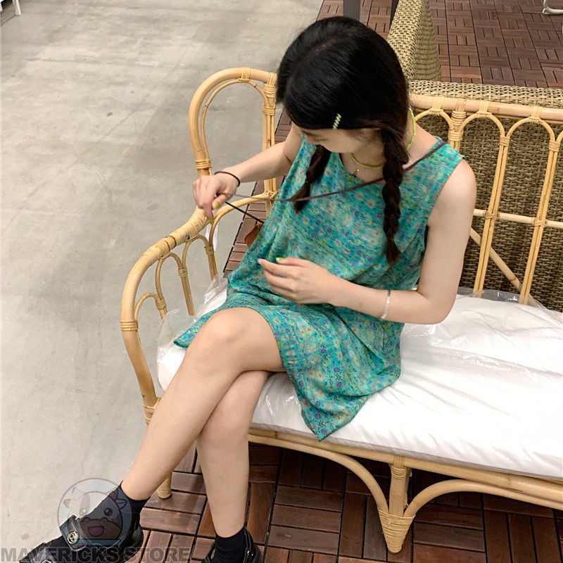 Đầm Sát Nách Cổ Tròn In Họa Tiết Hoa Nhí Xinh Xắn Phong Cách retro Hàn Quốc