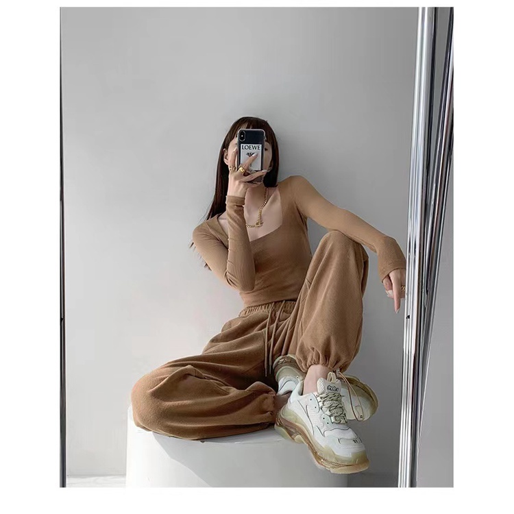 SUXI Quần dài nữ ống suông cạp thun màu trơn thời trang phong cách Hàn Quốc