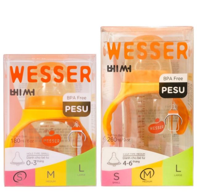 Bình sữa Wesser cổ rộng Pesu có quai 180ml 260ml Hàng chính hãng