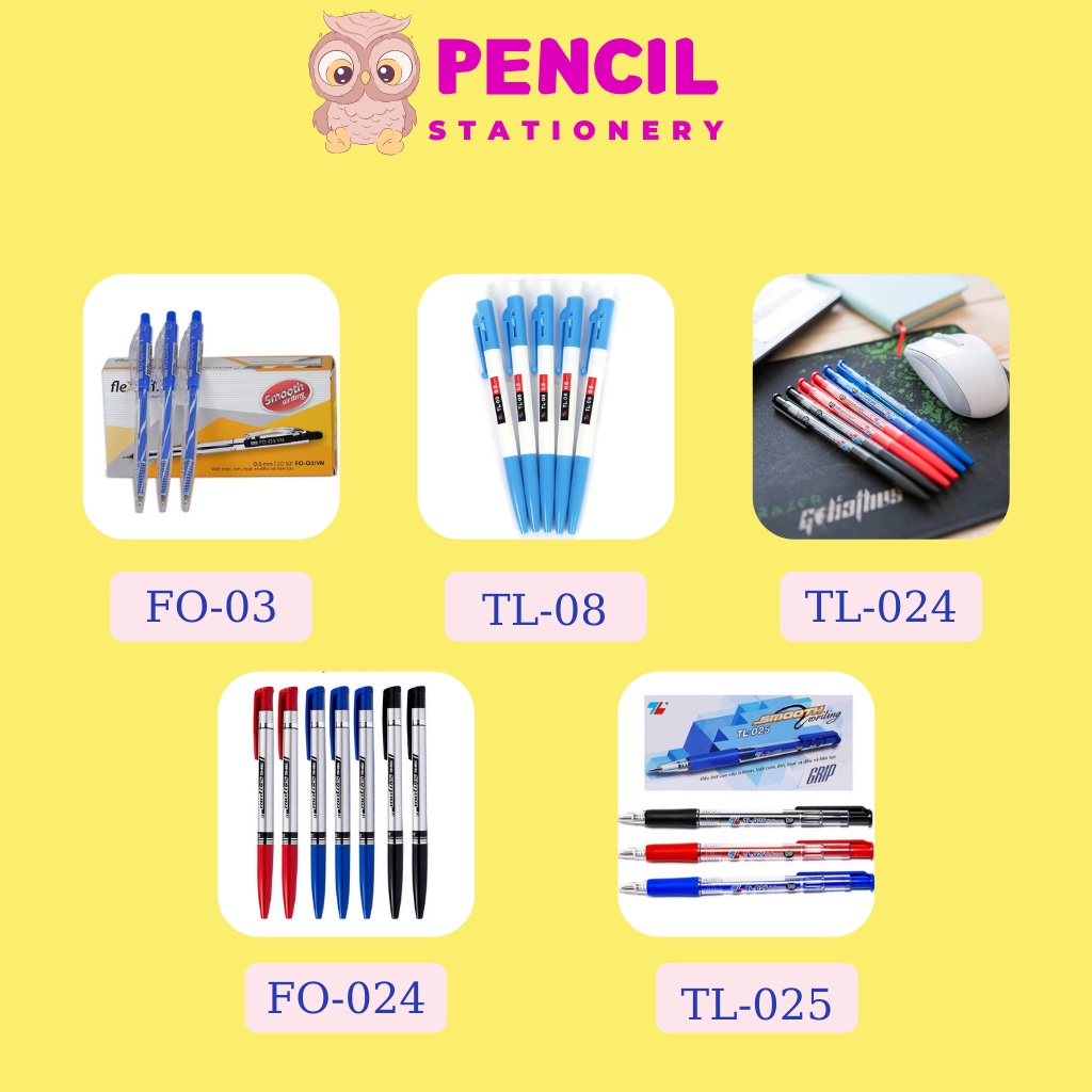 Combo 10 Bút Bi Thiên Long FO-03, TL-08/023/024/025 Ngòi 0.5mm 0.7mm 0.8mm, Bút Gel Mực Nước Văn Phòng Phẩm Xanh Đen Đỏ
