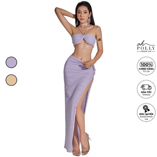 Oh Polly - Set áo croptop len móc rút dây, áo cổ yếm và váy maxi dài, chân váy xẻ tà