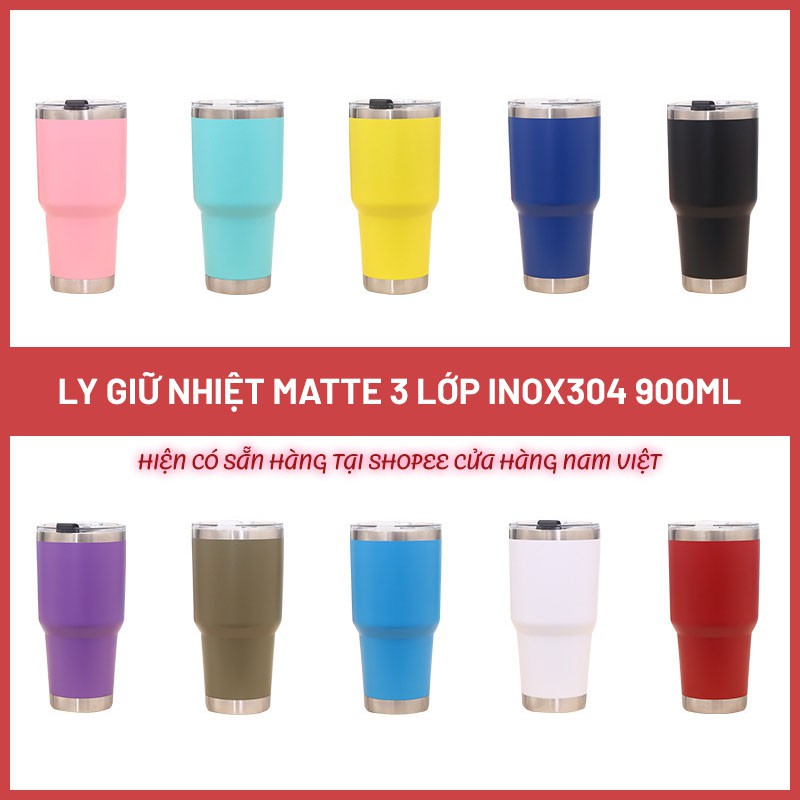 Ly Giữ Nhiệt Matte 3 Lớp INOX304 900ml - Tặng Kèm Túi và Ống Hút