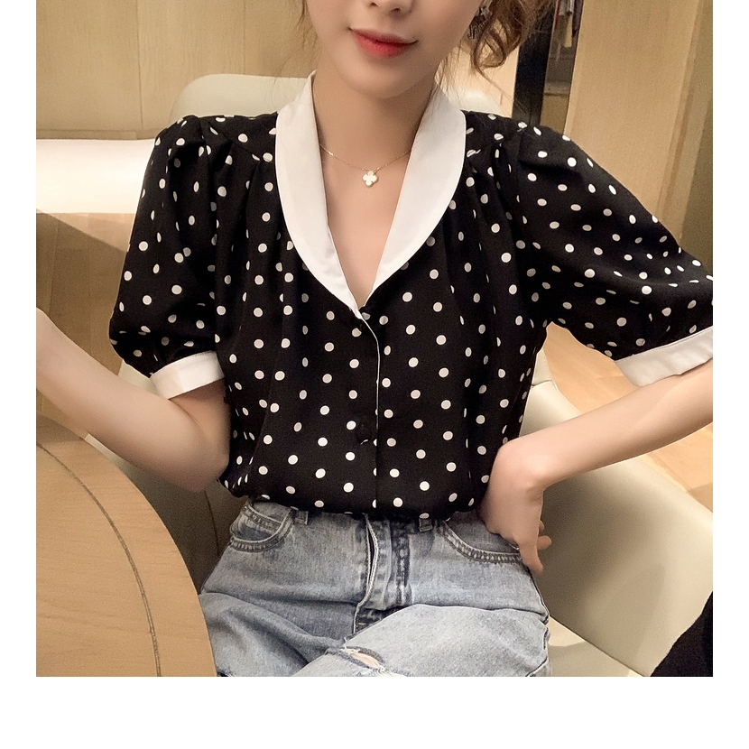 SUXI Áo Sơ Mi Chiffon Cổ V Tay Phồng Họa Tiết Chấm Bi Kiểu Retro Thời Trang Mùa Hè Cho Nữ