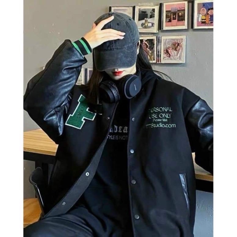 Áo khoác nỉ thêu F tay da HD6