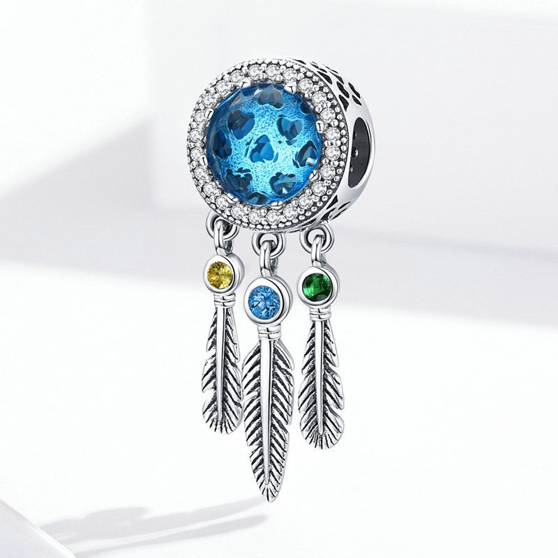 Charm bạc H.A.S hình dreamcatcher đính đá màu xanh - Hạt charm bạc thời trang