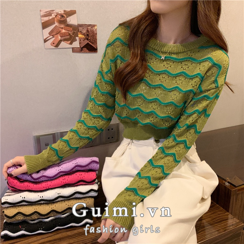 Áo Croptop Tay Dài Dáng Rộng Hoạ Tiết Kẻ Sọc Thiết Kế Mới