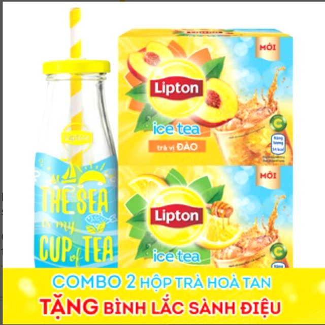 Combo 02 hộp trà Lipton hòa tan vị Chanh Mật Ong & vị Đào, tặng 01 bình thủy tinh sành điệu