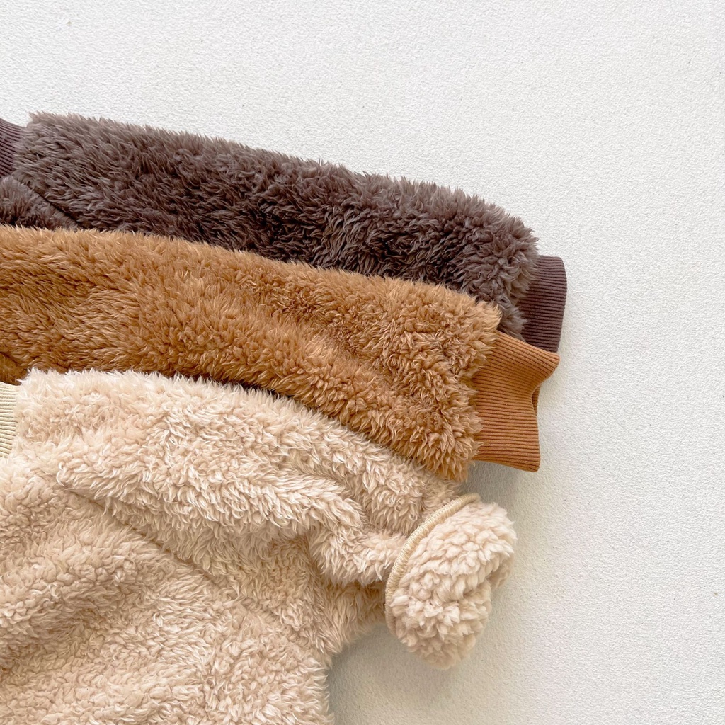 Bộ Áo Liền Quần Tay Dài Màu Trơn Kèm Mũ Giữ Ấm In Hình Gấu Dễ Thương Cho Bé Sơ Sinh 0-2 Tuổi