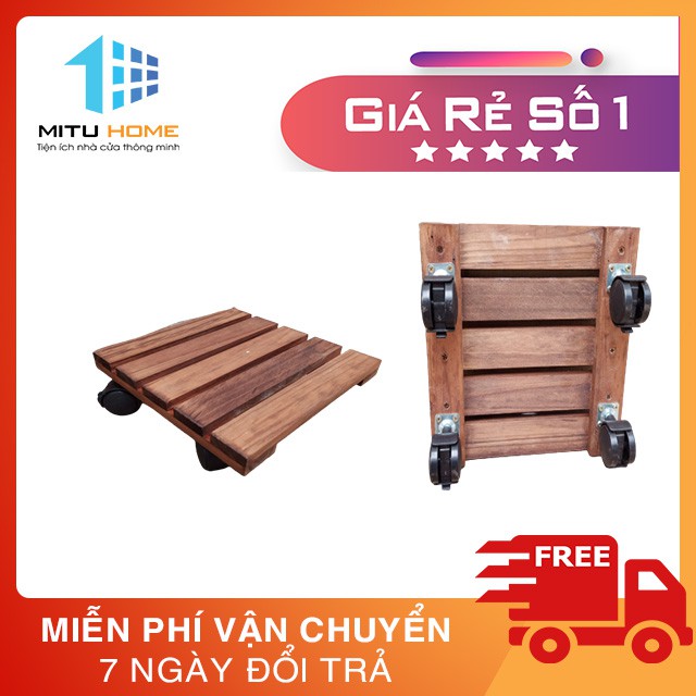 ĐẾ GỖ VUÔNG LÓT CHẬU ĐA NĂNG - MITUHOME - CÓ GẮN BÁNH XE, TẢI TRỌNG 80KG - Kích thước 30x30x10cm