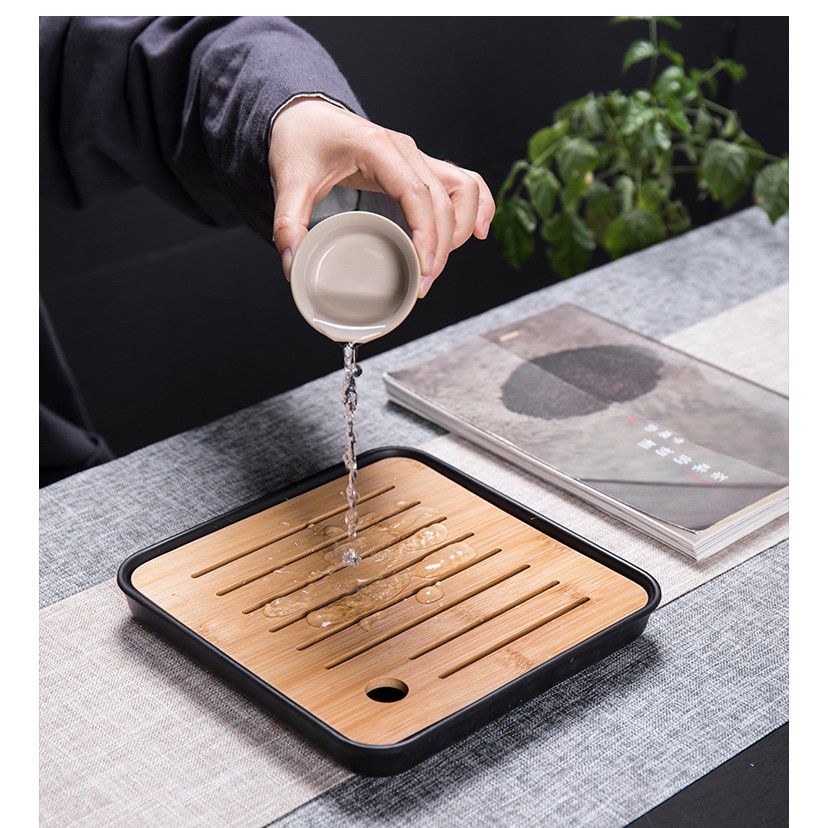 Khay Trà Tre 43cm x 26.5cm - Siêu To - Bàn Trà Gỗ Tre - Khay Trà Đạo Có Khay Đựng Nước Tiện Lợi Cao Cấp - Gỗ Dày Và Thơm