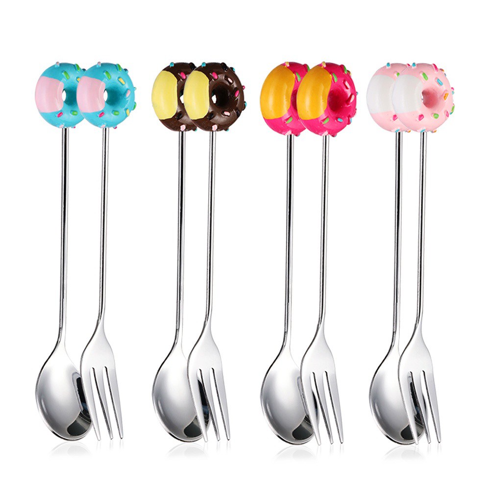 Nĩa / Muỗng cà phê bằng thép không gỉ hình bánh donut xinh xắn tiện lợi