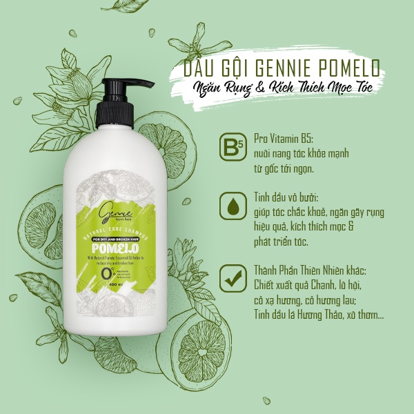 Bộ đôi dầu gội và dầu xả Gennie Natural Care - Pomelo for Hairfall 400ml