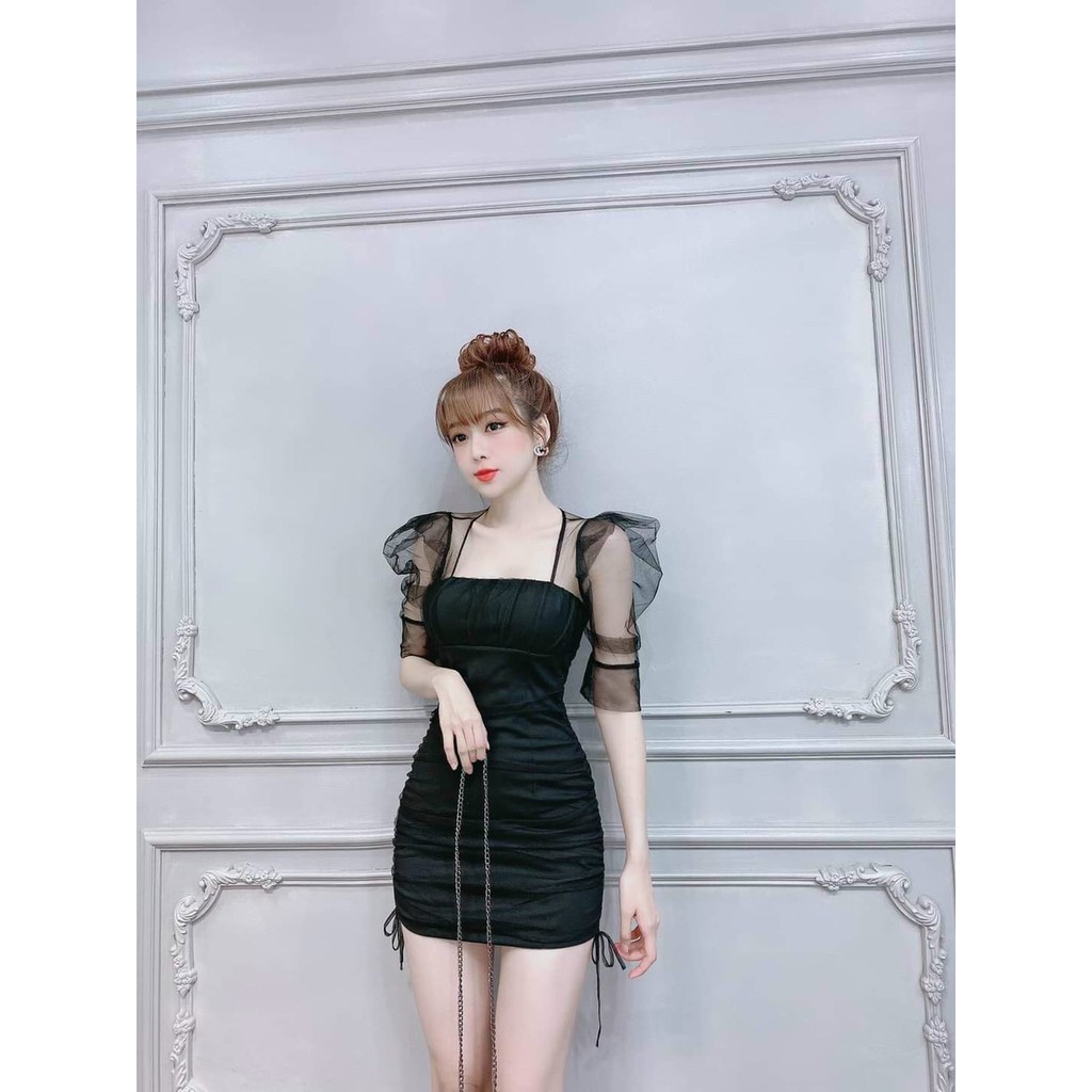 Đầm body rút dây hai bên hông tay phối lưới