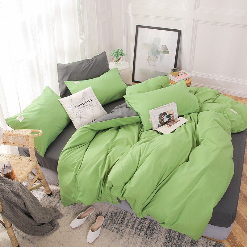 Bộ Chăn Ga Cotton TC xanh lá cây ga ghi