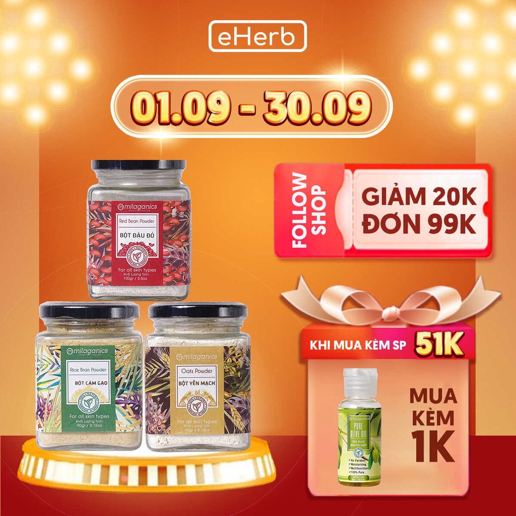 Combo 3 Hũ Bột Trắng Da, Dưỡng Ẩm: Bột Đậu Đỏ, Bột Yến Mạch, Bột Cám Gạo MILAGANICS (100g/ Hũ)