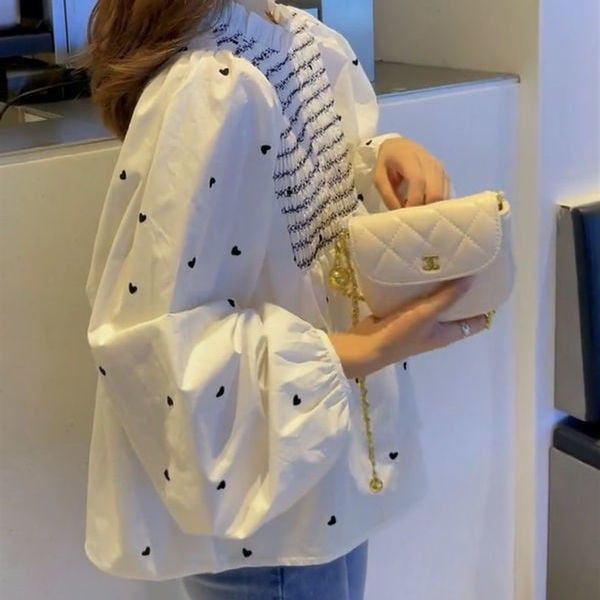 Áo sơ mi tay phồng in họa tiết trái tim phong cách retro mùa thu 2021 cho nữ