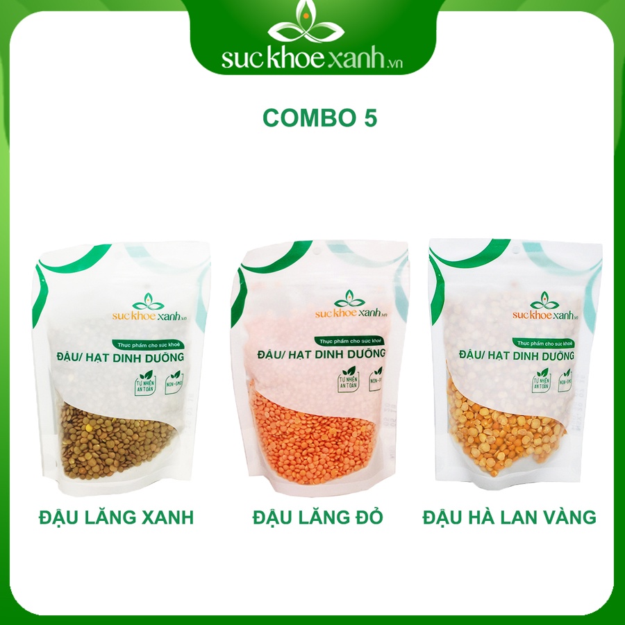 Combo 5 - Đậu lăng đỏ nguyên hạt &amp; Đậu lăng xanh &amp; Đậu hà lan vàng tách đôi (mỗi túi 250g)