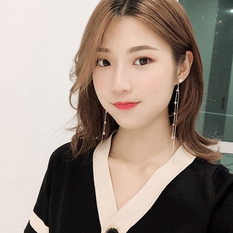 Bông tai hàn quốc bạc nữ cao cấp dây dài đính châu Tiluca YU35