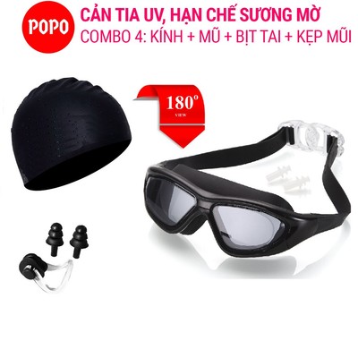 Kiếng bơi người lớn kèm mũ bơi và bịt tai kẹp mũi POPO Set-SBIG góc nhìn PANORAMA cản tia UV