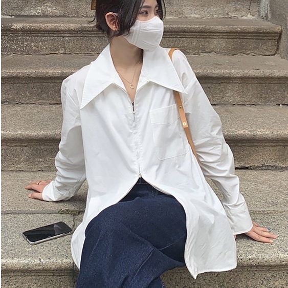 Áo sơ mi cổ nhọn oversize khéo khóa tay dài cá tính thời trang Becky