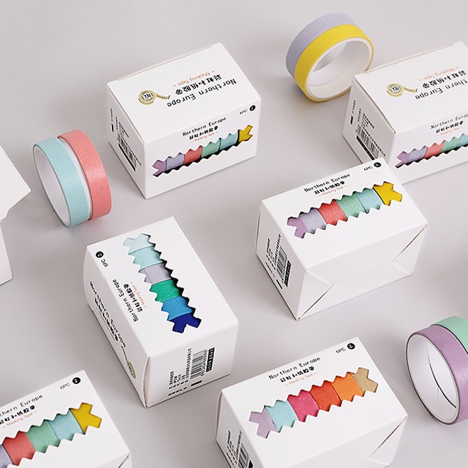 Hộp 06 băng keo giấy Washi tape Pison, băng dính trang trí sổ butllet journal – BK001 – 1 bộ
