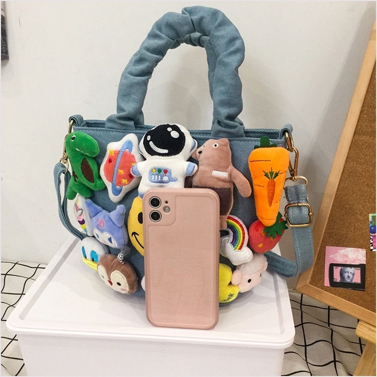 Crazy Bag Túi xách vải đeo chéo phối mô hình thú nhồi bông phong cách hoạt hình dễ thương
