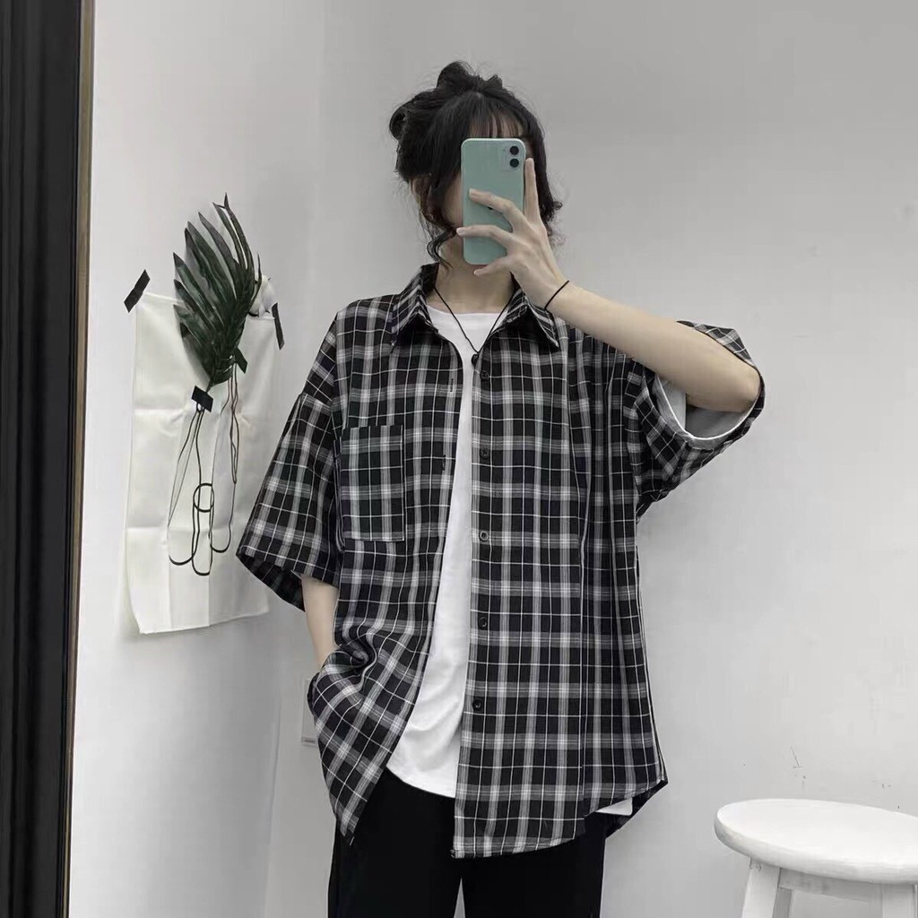 Áo sơ mi nam nữ kẻ cộc tay phối cổ bẻ dáng rộng unisex phong cách hàn quốc_ranstore | BigBuy360 - bigbuy360.vn