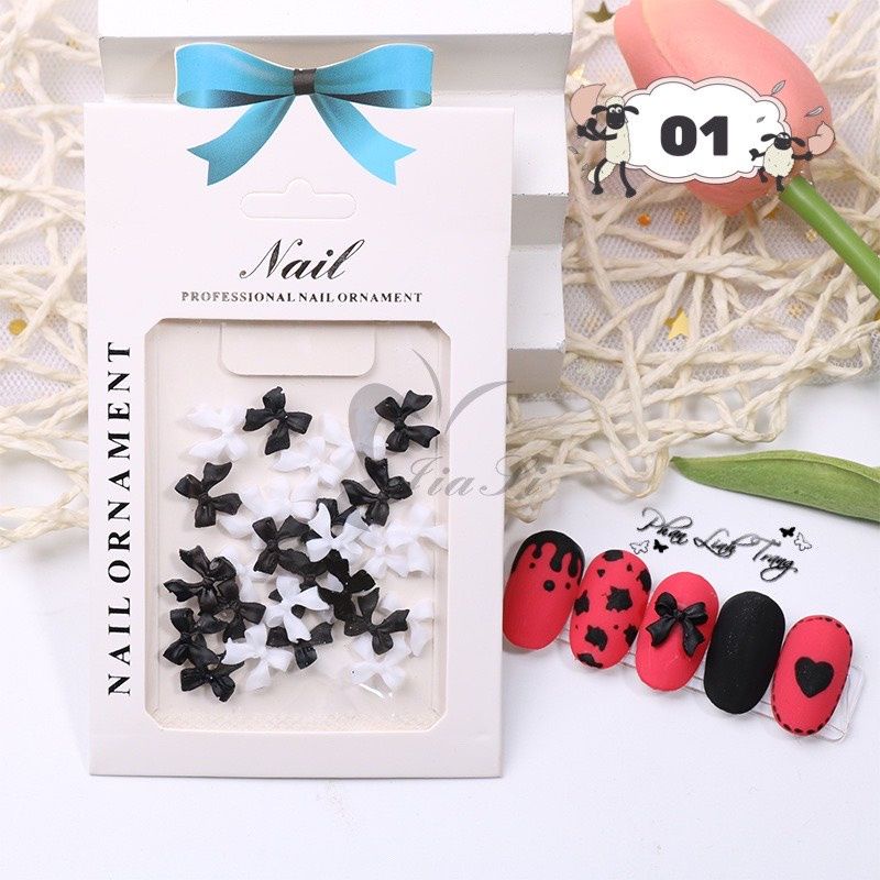 Set charm nơ đính móng đen trắng nail