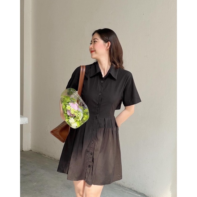 ĐẦM SƠ MI ĐEN DÁNG XOÈ HỞ LƯNG UNISEX ĐƠN GIẢN BASIC SUN FASHION