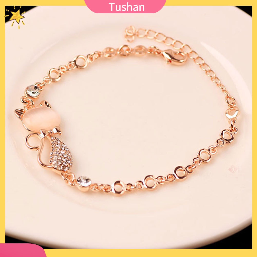 TUSH_Fashion Cat Shape Faux Opal Rhinestone Inlaid Charm Lady Bangle Bracelet Jewelry