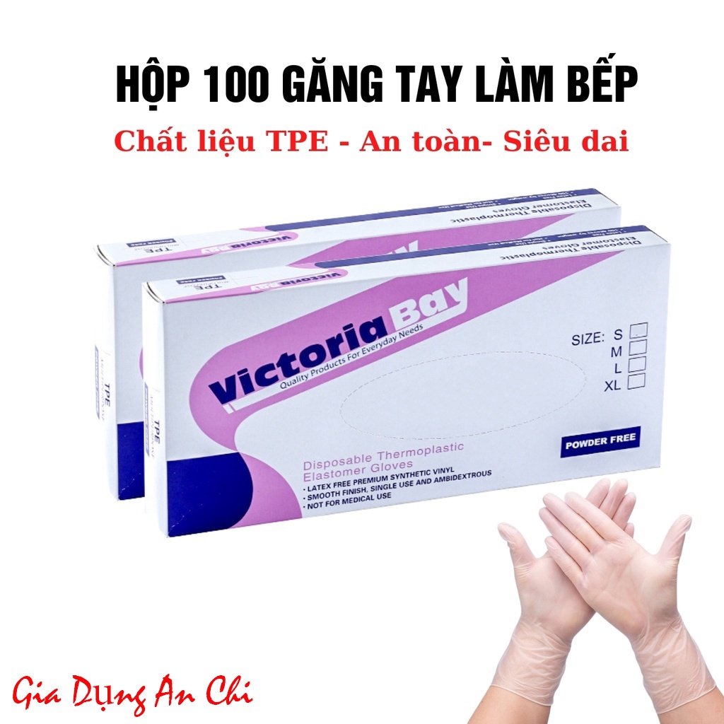 Hộp 100 chiếc găng tay Victoria TPE siêu dai không thấm nước, Bao tay cao su an toàn tiện lợi