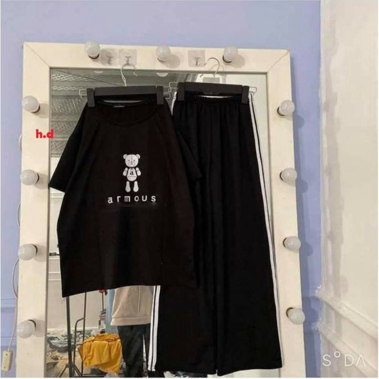 Set đồ nữ sét trang phục bộ nữ áo thun basic Gấu Armous + quần ống rộng 3 sọc unisex form thụng giá rẻ