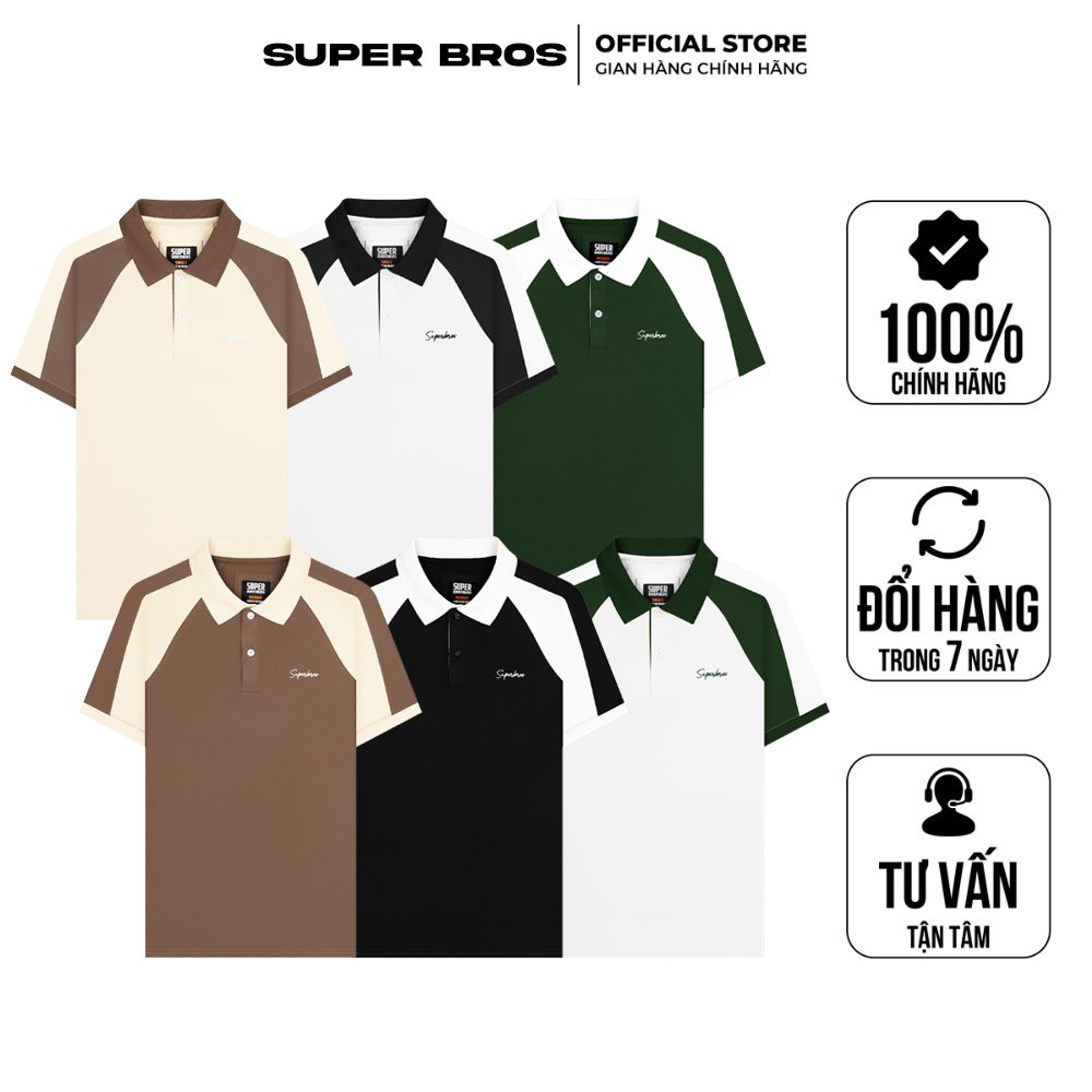 Áo thun nam cổ bẻ, áo polo nam phối vai super bros vải cá sấu cotton co dãn cao cấp, phong cách hàn quốc trẻ trung