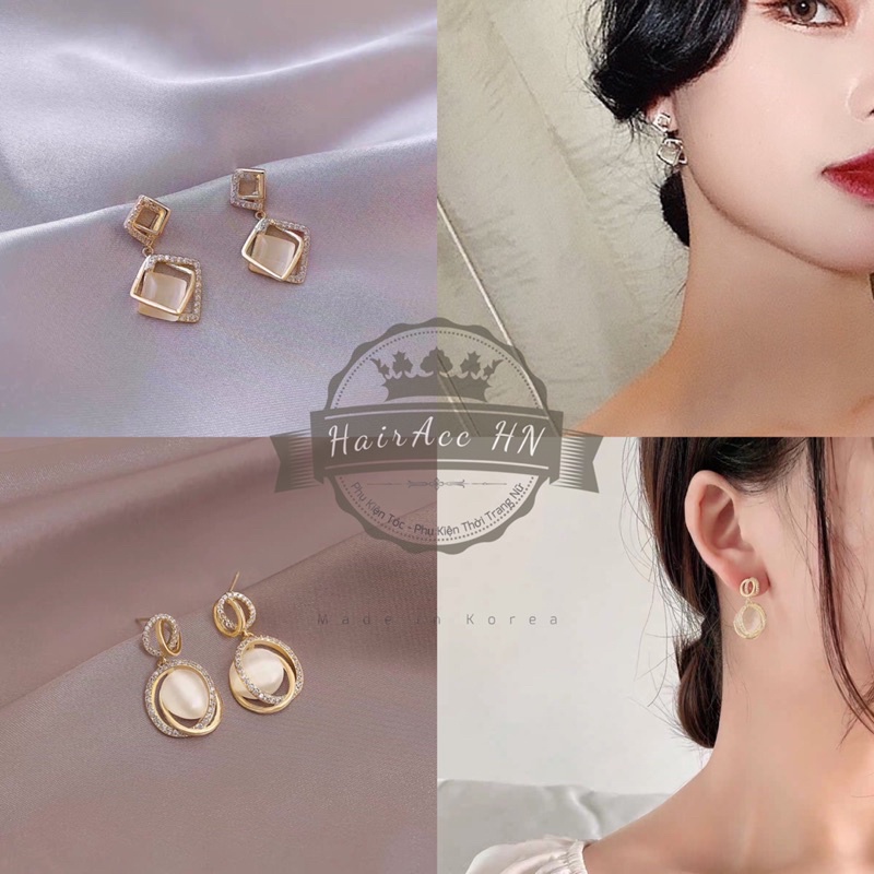 Khuyên Tai Nữ Bạc 925 Đính Đá Ngọc Bích, Bông Tai Ghim Hình Học Độc Đáo, Thiết Kế Sang Trọng Phong Cách Cổ Điển Hàn Quốc