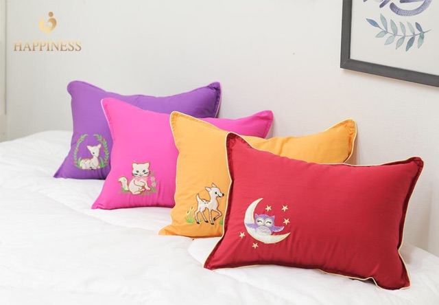 Gối nằm cho bé Happiness , vỏ cotton Hàn - ảnh thật
