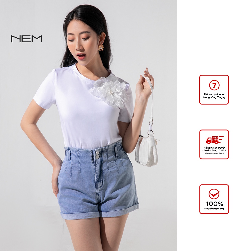 Áo phông nữ trắng phối hoa 3D NEM Fashion TS05402