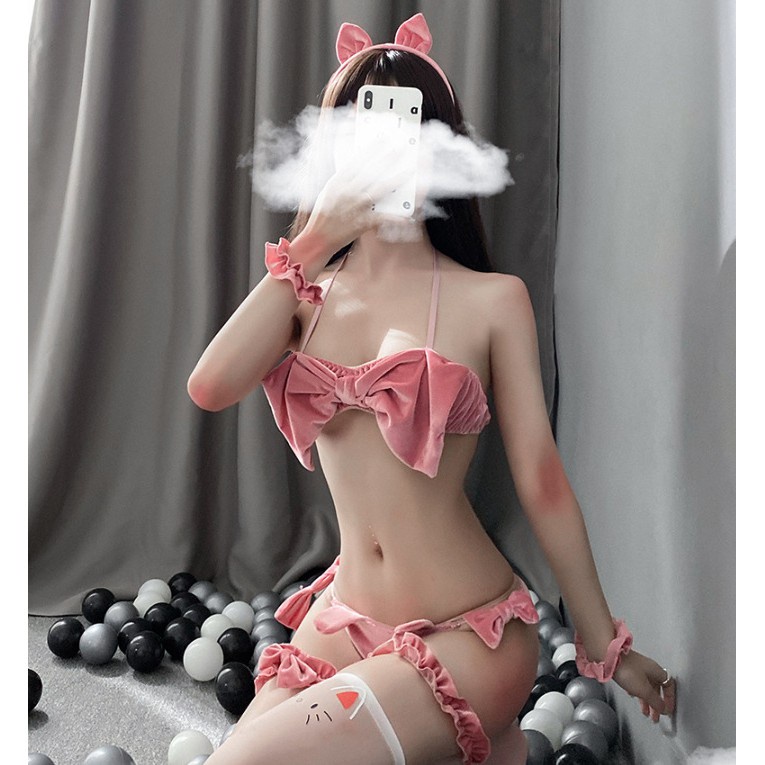 Full Set 2 Mảnh Cosplay Mèo Con đáng Yêu - Đồ Ngủ Cosplay Miêu Nữ Vải Nhung Sexy (đen,hồng,đỏ) | BigBuy360 - bigbuy360.vn