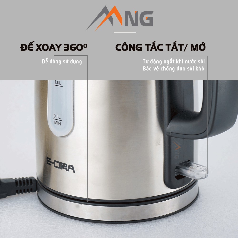 Ấm đun nước siêu tốc inox EDra - EK1703 dung tích 1,7 lít tự động tắt khi sôi thép không gỉ có đèn báo đế xoay không dây