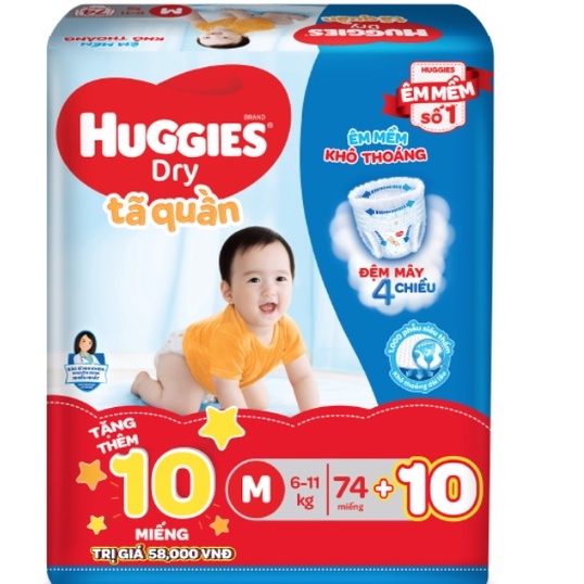 Tã quần huggies m74 miếng cho bé 6-11kg (tặng 10 miếng tã quần trong gói)