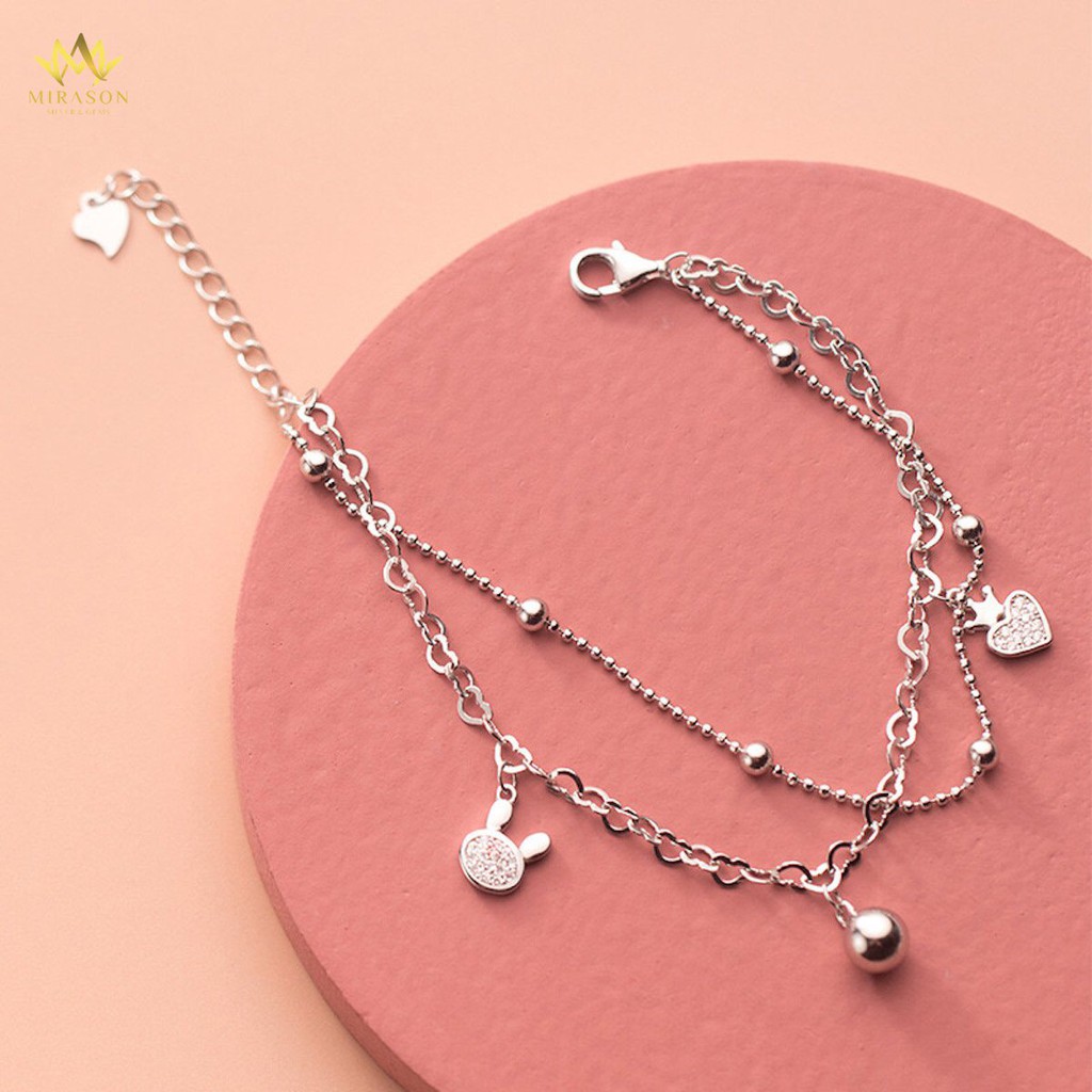 Lắc Tay Bạc Nữ MIRASON Dây Kép Mix Thỏ Đáng Yêu và Trái Tim Vương Miện Nạm Đá Sang Trọng MLT052 - Vòng Tay Nữ Bạc 925