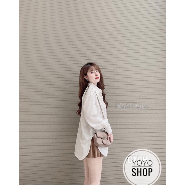Áo sơ mi nữ trắng phom rộng trơn tay dài cổ bẻ basic ulzzang vintage hàn quốc , sơ mi trắng nữ xinh xắn YoYo