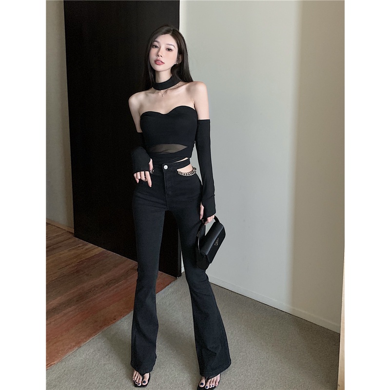 Quần jeans Lưng Cao Ống Loe Phối Dây Xích Phong Cách Hàn Quốc Thời Trang Cho Nữ