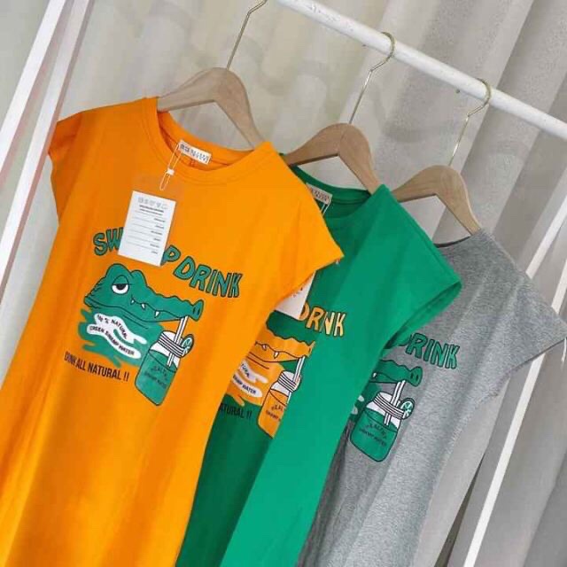 váy suông nữ,váy suông dáng dài in hình cá sấu chất cotton ngộ nghĩnh