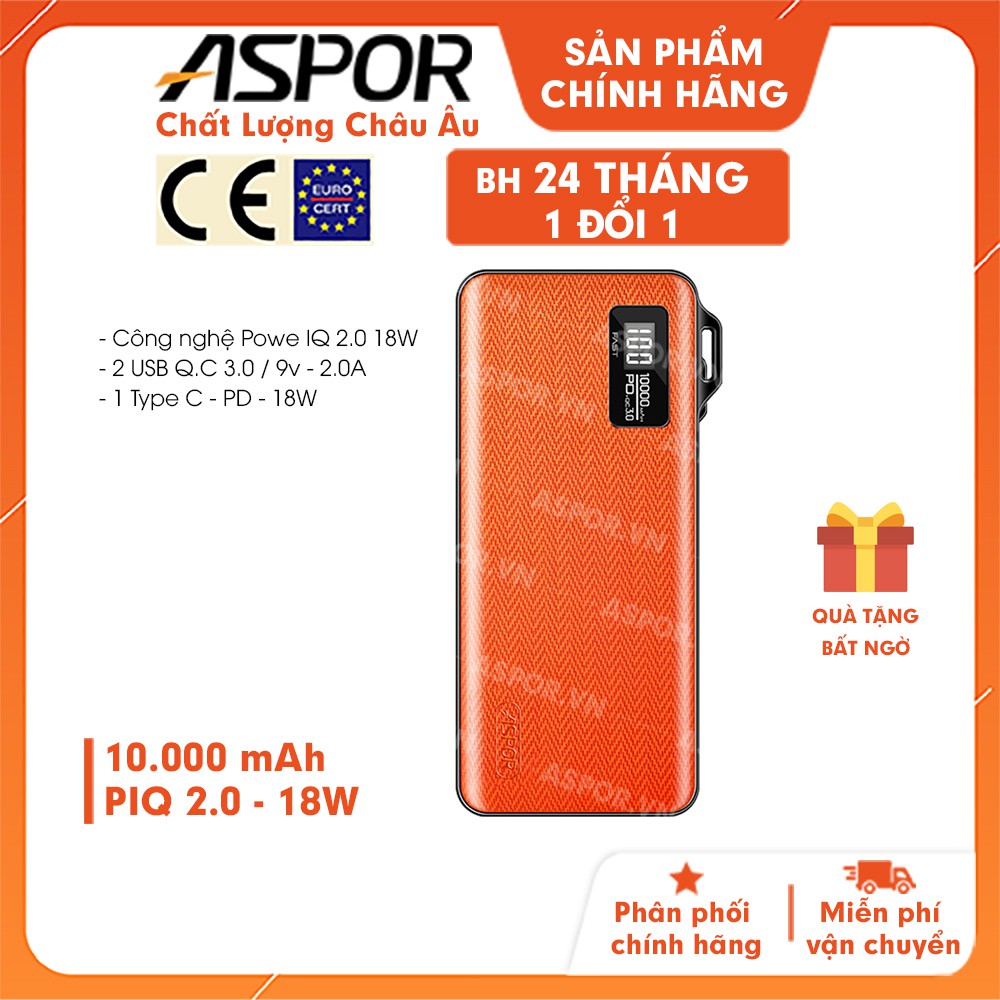 Pin sạc dự phòng ASPOR 10000mAh quick charge 3.0 siêu mỏng - A359PD