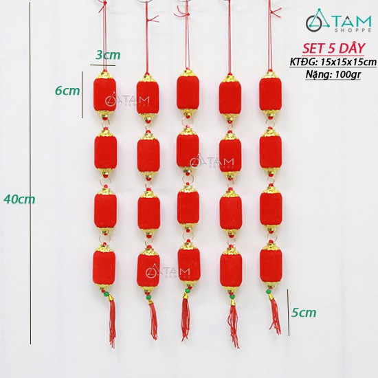 Set 5 dây 4 lồng đèn dài nhung đỏ treo cây mai đào T-PKTMD-64